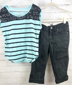JUSTICE Beaded Stripe Top + Black Capri Pants Girls Size 12 Outfit Set - Picture 1 of 8