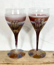 Set of 2 Rueven Art Nouveau Style Satin Wine Glasses Watercolor Hand Painted