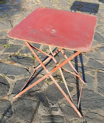 Ancienne table pliante en metal de bistrot 58/64 cm patine rouge d'origine - Photo 1/2
