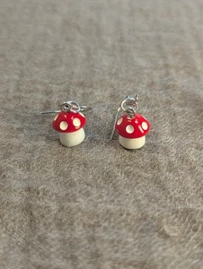 Tiny Red Mushroom Dangle Earrings Cottagecore Fairycore Mini Resin Jewelry - Picture 1 of 3