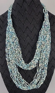 Beautiful Long Beige Blue Green glass seed bead necklace multi strand beachy - Picture 1 of 8