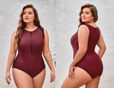 Cupshe Plus 尺寸 1X 前拉链木乃伊控制连体泳衣勃艮第红色 — 第 1/4 张图片