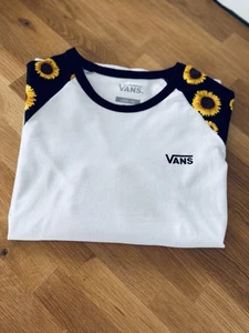 Girls Vans Top Size L 14 Years Old White Black With Sunflowers 3/4 Sleeves - Picture 1 of 10