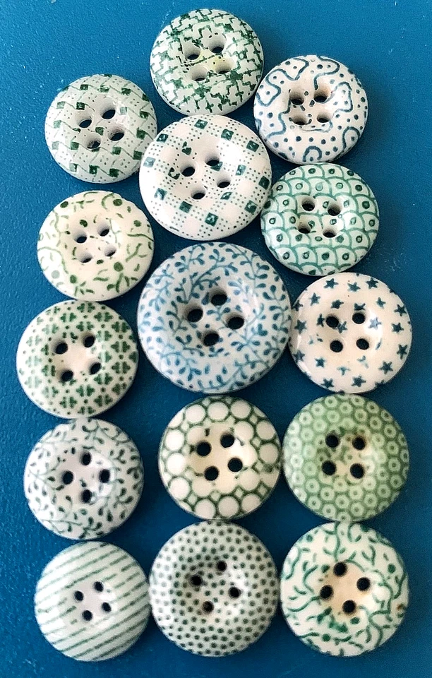 Antique Calico China Buttons - Green Patterns - Image 1 of 1