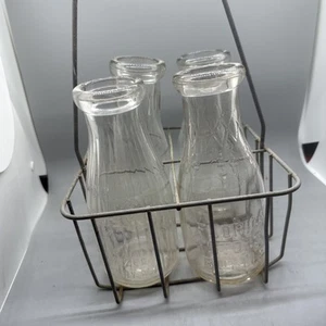Vintage 4pk. Wire Basket With Handle & (4) Vintage Pint Milk Bottles - Picture 1 of 9