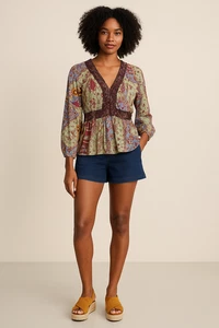Camicetta Cato Donna Edizione Limitata Boho Contadina S Stampa Patchwork Manica Lunga - Foto 1 di 7