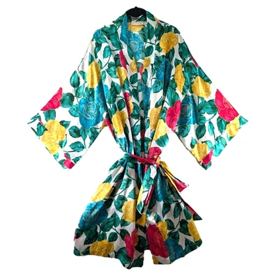 Bata Kimono Solange Mujer Talla XL Colorida Satén Floral Bolsillos con Cinturón De Colección Foto 1 de 4