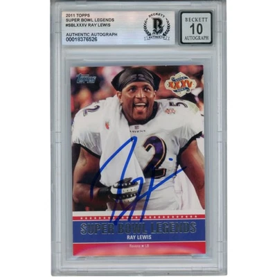 Tarjeta coleccionable Beckett 53052 autografiada por Ray Lewis 2011 Topps Super Bowl #SB-XXV Foto 1 de 2