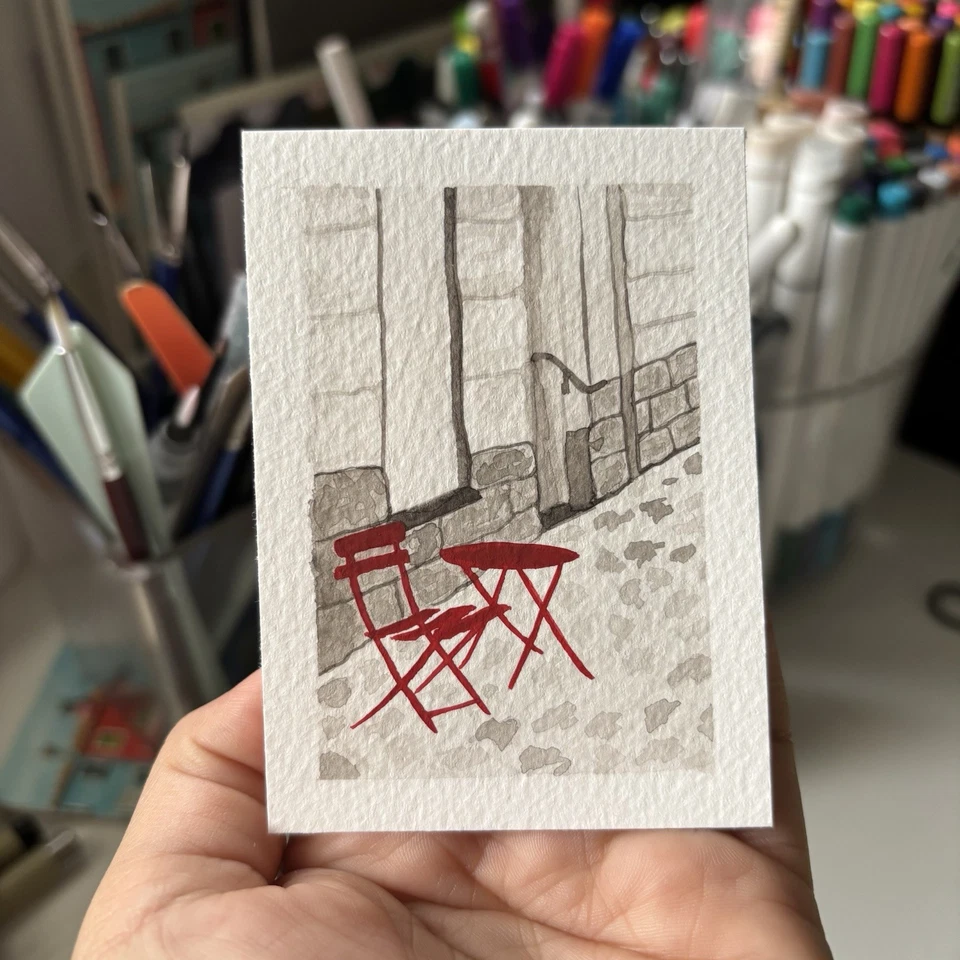ACEO Original Sepia Study Watercolor - Red Chair By Mia Guerrero Signed - Image 1 of 1