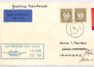NORWAY Air Mail 1939 Cover FIRST FLIGHT Oslo-Bergen Forwarded Netherlands YT128 - Picture 1 of 12