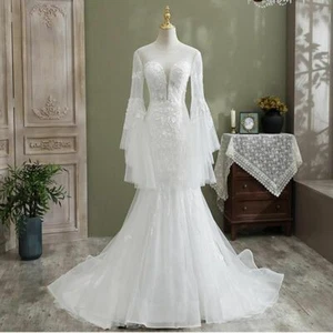 Sexy Long Flare Sleeves Mermaid Wedding Gown - Picture 1 of 11