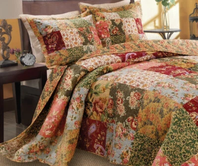 GREENLAND HOME FASHIONS COUNTRY FARMHOUSE XXL PATCH 3p Full BEDSPREAD SET : RED GREEN ANTIQUE VINTAGE