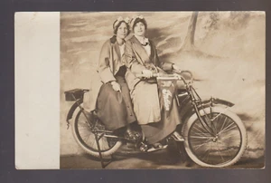 rppc c1915 INDIAN MOTORCYCLE Studio Prop 2 WOMEN RIDING Pennant ADVERTISING - Picture 1 of 4