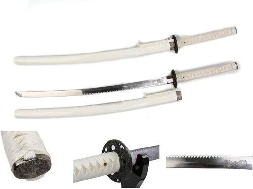 Espada japonesa clásica blanca samurai katana grabada hoja de acero Damasco Foto 1 de 4