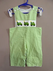 Smocked June Bugs Boys 12M 100% Cotton Christmas Tree Truck Overalls Green White - Picture 1 of 9
