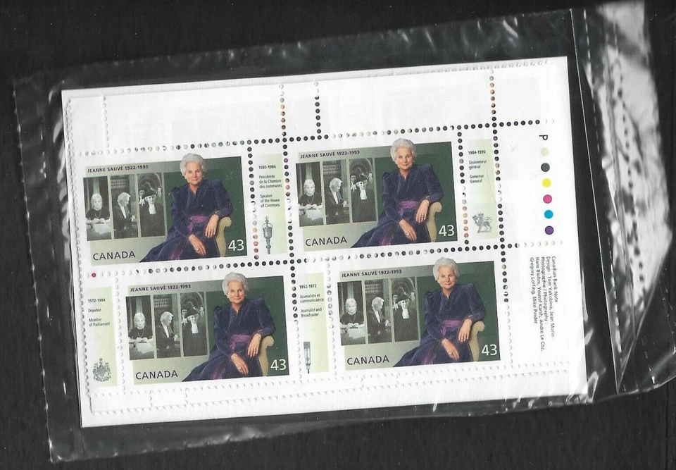 pk98437:Stamps-Canada PO Pack #1509a Jeanne Sauve 43 cent Plate Block Set-MNH - Image 1 of 1