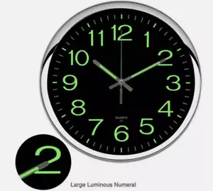 12 inch Modern Battery Wall Clock Luminous Glow Night Light Quartz Silent Large - Picture 1 of 10