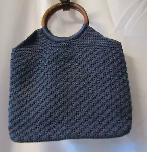 Crochet Bag - Purse - Handbag - Navy Blue - Wooden Circle Handle (900-199) - Picture 1 of 7