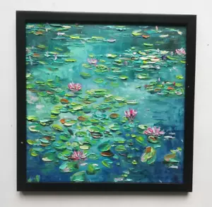 Seerose Ölgemälde im Stil von Claude Monet Original Malerei. Mit Rahme,20x20 cm - Bild 1 von 6