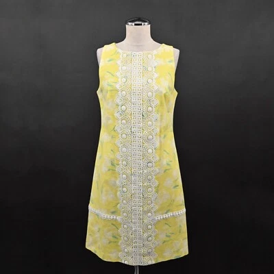 ELIZA J Yellow Shift Dress Size 6 Sleeveless White Lace Trim Floral Print Preppy - Image 1 of 4