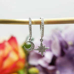Moon & Star Dangle Huggie Charm Earrings in Sterling Silver with CZ - Picture 1 of 5