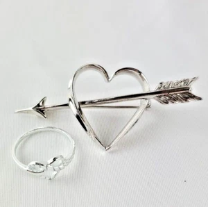 Vtg Beau Sterling Brooch Open Heart Shooting Arrow and 925 Heart Pinky Ring - Picture 1 of 17