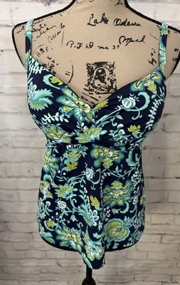 Traje de baño Tankini Lands' End talla 32DD/34D azul verde floral sujetador con aros Foto 1 de 4