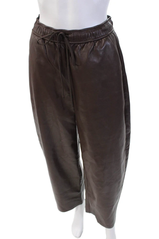 Calça Babaton Feminina Cintura Alta Cordão Perna Larga Couro Sintético Marrom Tamanho XS - Imagem 1 de 4