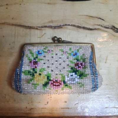 Tiny Coin Purse Vintage Floral Beaded Pattern Brass Closure - Image 1 of 4