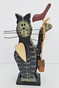 Vintage Holzfigur gestreift schwarz Katze mit Kardinal am Schwanz Markenlos NEU - Bild 1 von 6