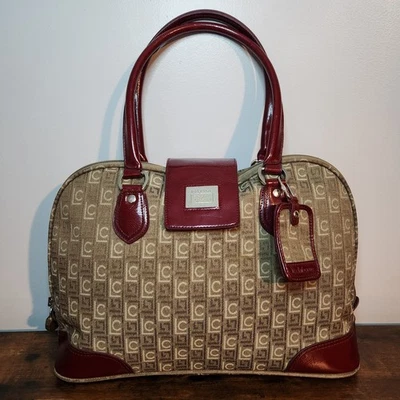 Vintage Liz Claiborne Monogram Carry-On Travel Bag Red Tan Leather Fabric - Image 1 of 4