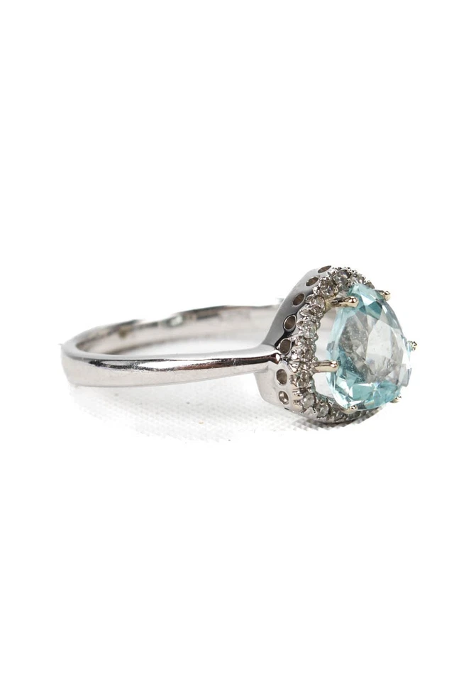 Anillo de diseño para mujer de oro blanco de 14 quilates aguamarina con halo de billones de diamantes talla 7 2,9 g Foto 1 de 4