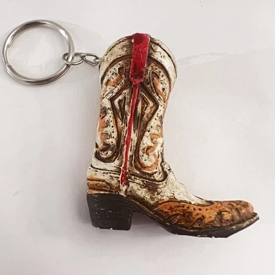 Vintage Cowboy Boot Keychain Hand Painted Key Ring Resin Western John Wayne VTG - Image 1 of 4