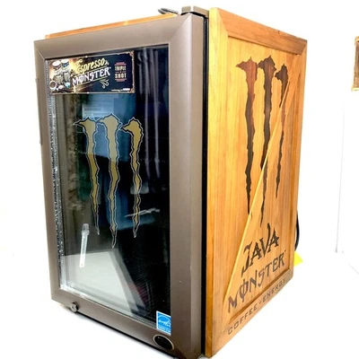 Mini nevera Java Monster Energy Drink de colección con estuche de madera-probado-funciona Foto 1 de 4