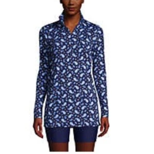 LANDS END WOMENS PETITE PAISELY QUARTER-ZIP LONG SLEEVE COVER-UP - Picture 1 of 3