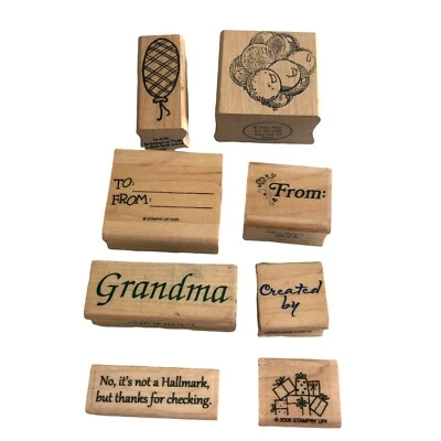 Lot of 8 Mixed Wood Mounted Rubber Stamps Birthday Balloons, To From, Created By Foto 1 de 3