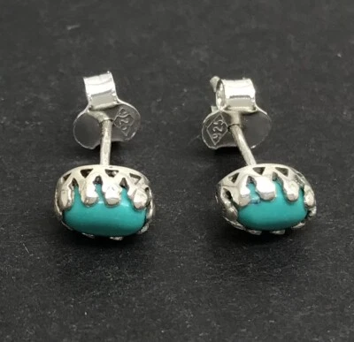 Turquoise stud earrings, solid Sterling Silver, oval, crown setting. New. - Image 1 of 4