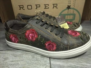 ROPER Leather Shoes Women's size 8 Lace Up Madeline Brown Embroidered Rose New - Picture 1 of 10
