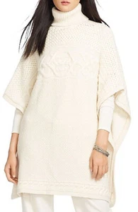 RALPH LAUREN Sweater XS S CABLE KNIT Cream Poncho Turtleneck Wool Alpaca NWT - Picture 1 of 3