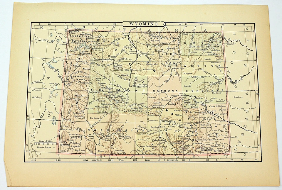 Mapa del estado de WYOMING 1898 litografía coloreada a mano 10,75 x 7,25 Foto 1 de 2
