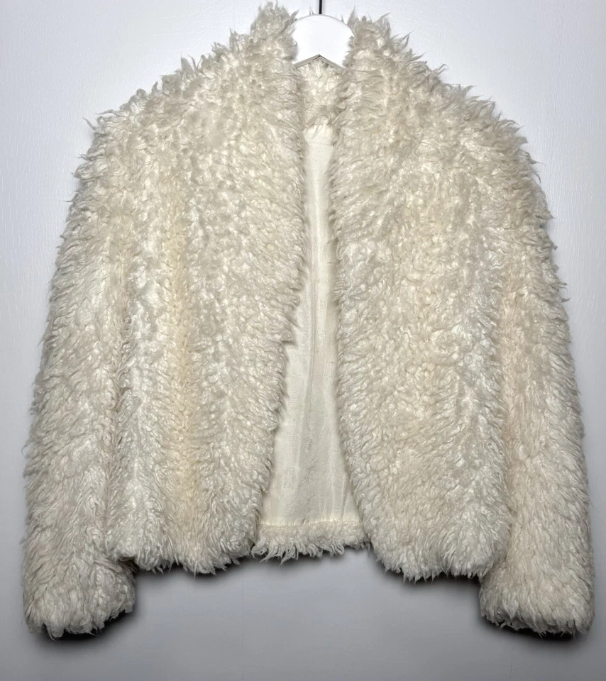 Jaqueta de pele de cordeiro vintage dos anos 70 feminina S felpuda cropped casaco marfim outono boho mod - Imagem 1 de 4