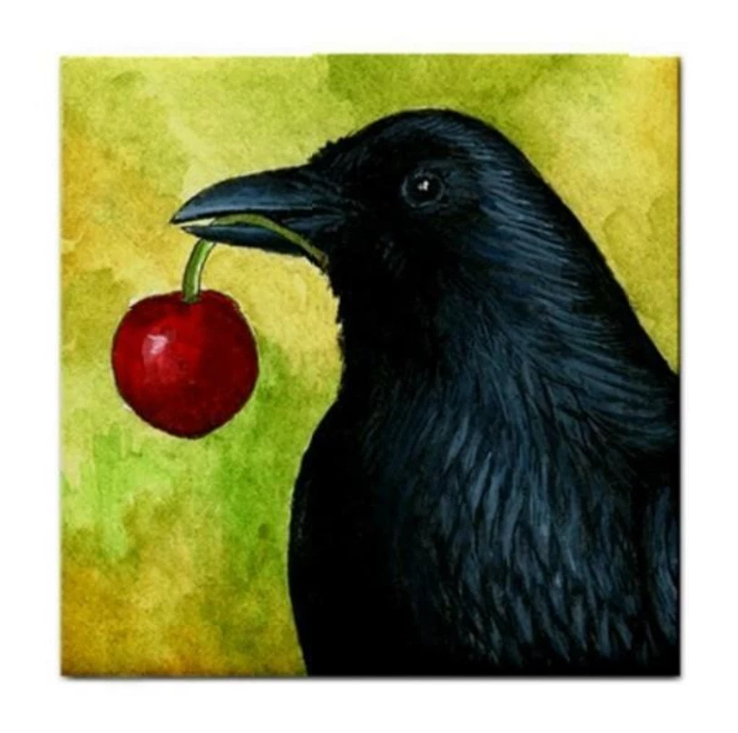 Azulejo de cerámica 4,25 pulgadas cuervo pájaro 55 amarillo cereza pintura artística L.Dumas Foto 1 de 1