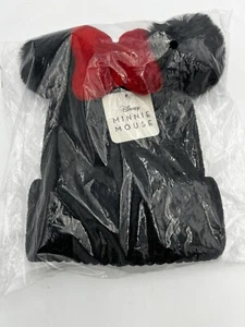Disney Minnie Mouse Double Pom Beanie Strickstrumpf schwarz mit roter Schleife NEU A6 - Bild 1 von 2