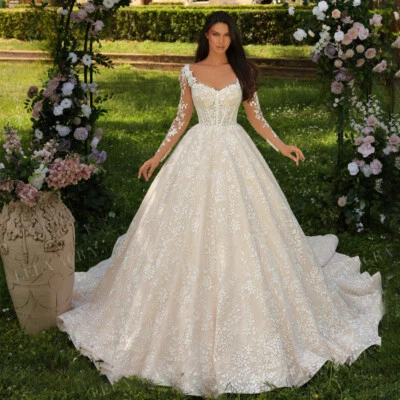 V-Neck Lace Applique Long Sleeves Zipper Back Court Train Princess Wedding Dress - Image 1 of 4
