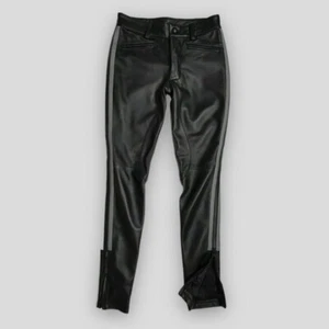 MEN'S REAL COW LEATHER BLACK JEANS WITH TWO GREY STRAPS SEXY LEATHER LGBT PANT - Picture 1 of 6