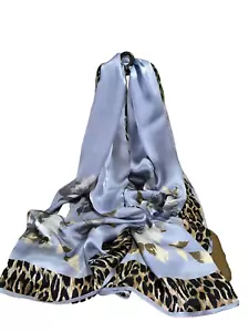 DOLCE GABBANA Silk Blue w/Leopard & Floral Scarf Shawl Rectangular 68"L X 27"W - Picture 1 of 13