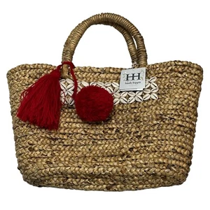 Haute Hippie Straw Seashell Basket Bag Red Tassel Floral Flamingo Interior Beach - Picture 1 of 12