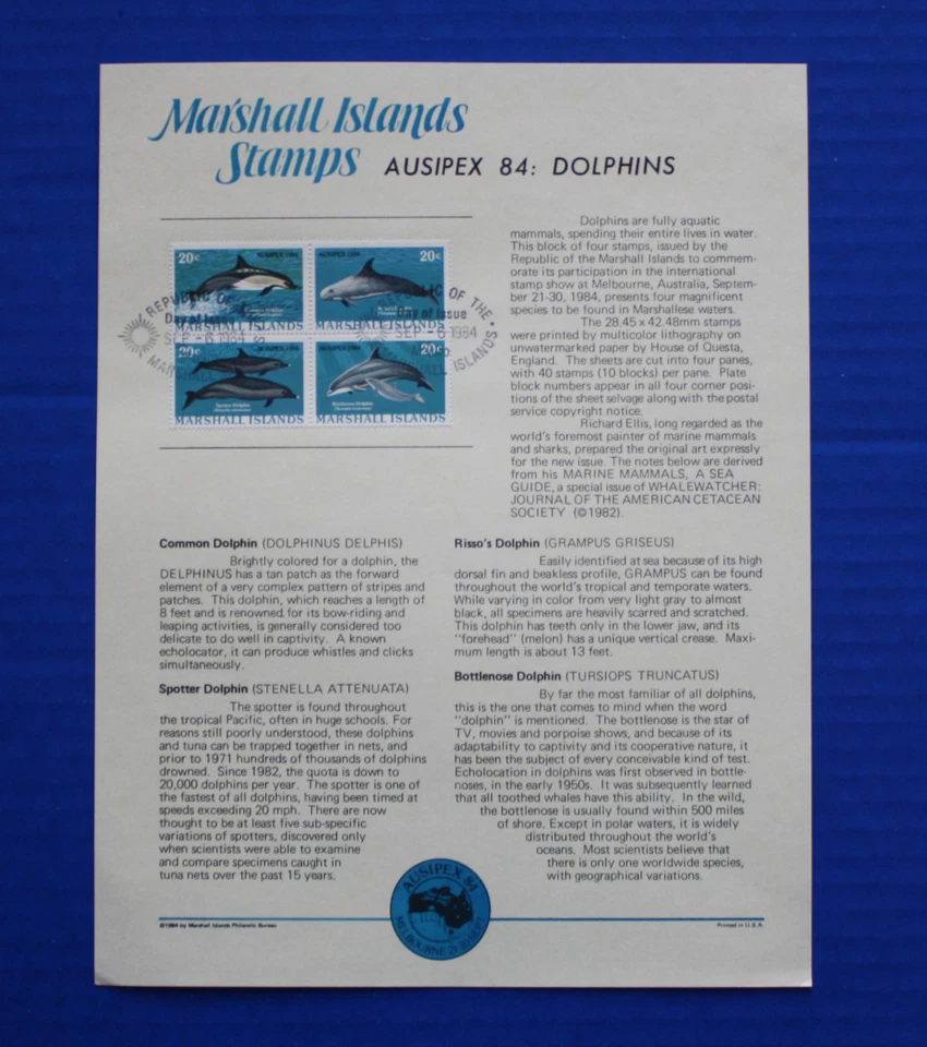 Marshall Islands (57a) 1984 AUSIPEX '84 - Dolphins Souvenir Page - Image 1 of 1