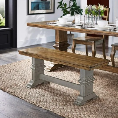 Two Tone Accent Oak Wood Dining Bench Solid Decor Trestle Seat Country Home Farm - Image 1 of 4