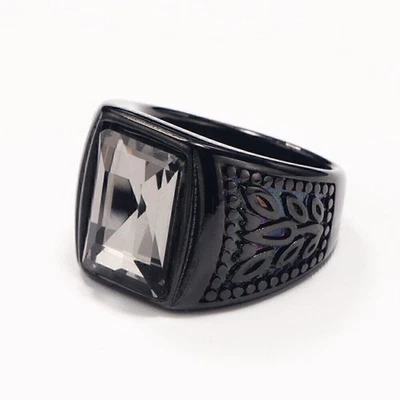 Gray Stone Inlay Retro Wedding Ring Stainless Steel Men's Vintage Band Black - Image 1 of 2